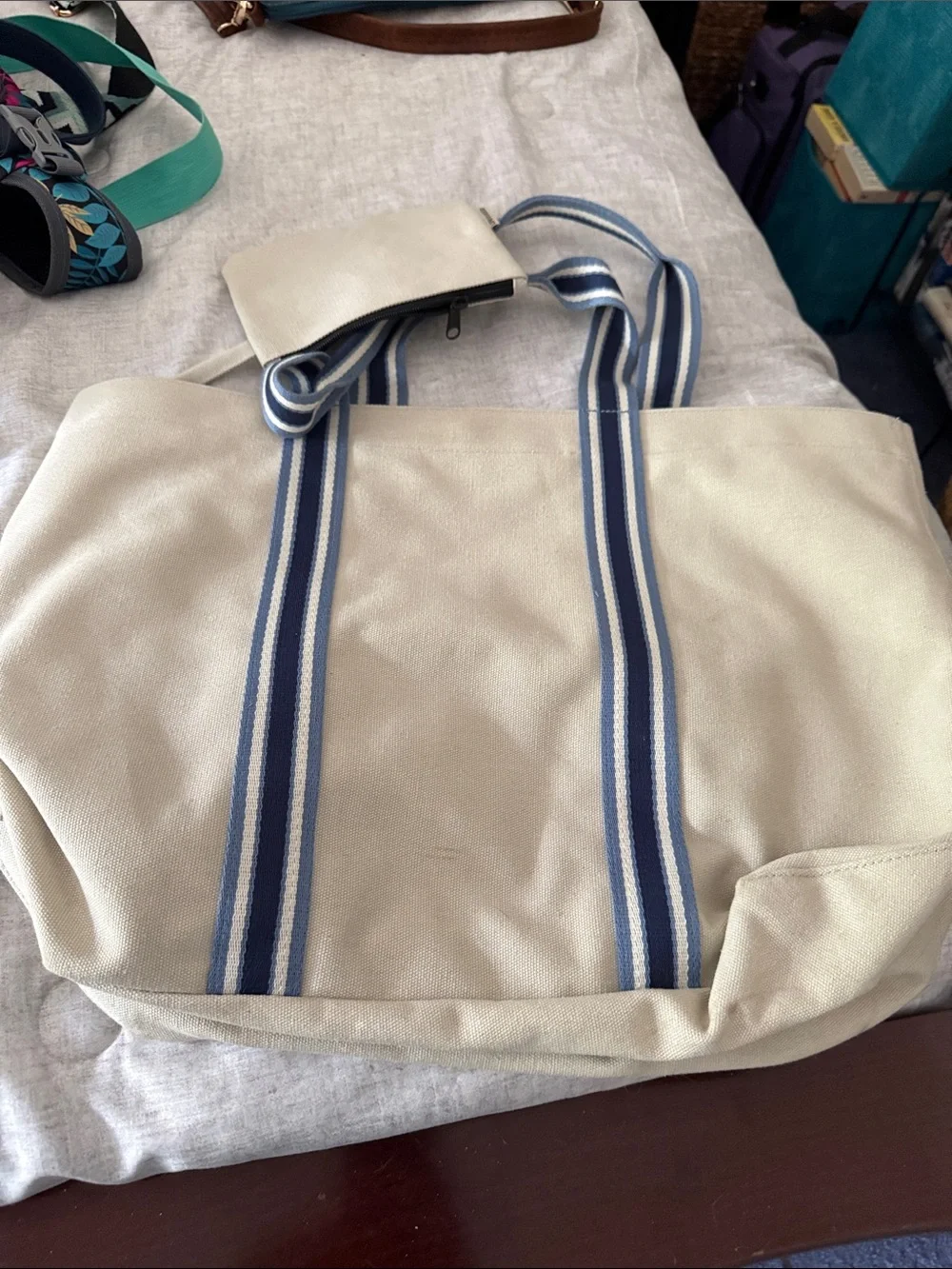 Life Is Good Cream Canvas Tote with Blue Stripe Handles and Pouch